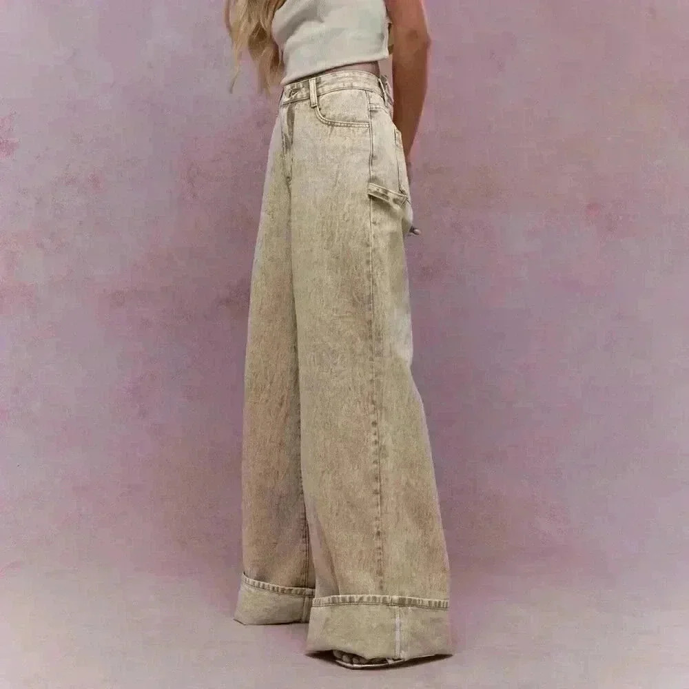 Khaki Casual Women's Washed Folded Hem Straight Leg Jeans
